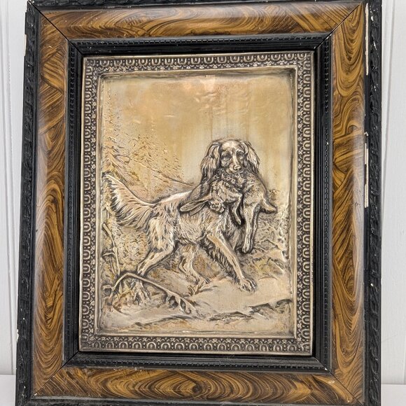 Vintage Metal Art Wall Decor Hunting Dog with Jackrabbit Framed 16.5" x 13.75"